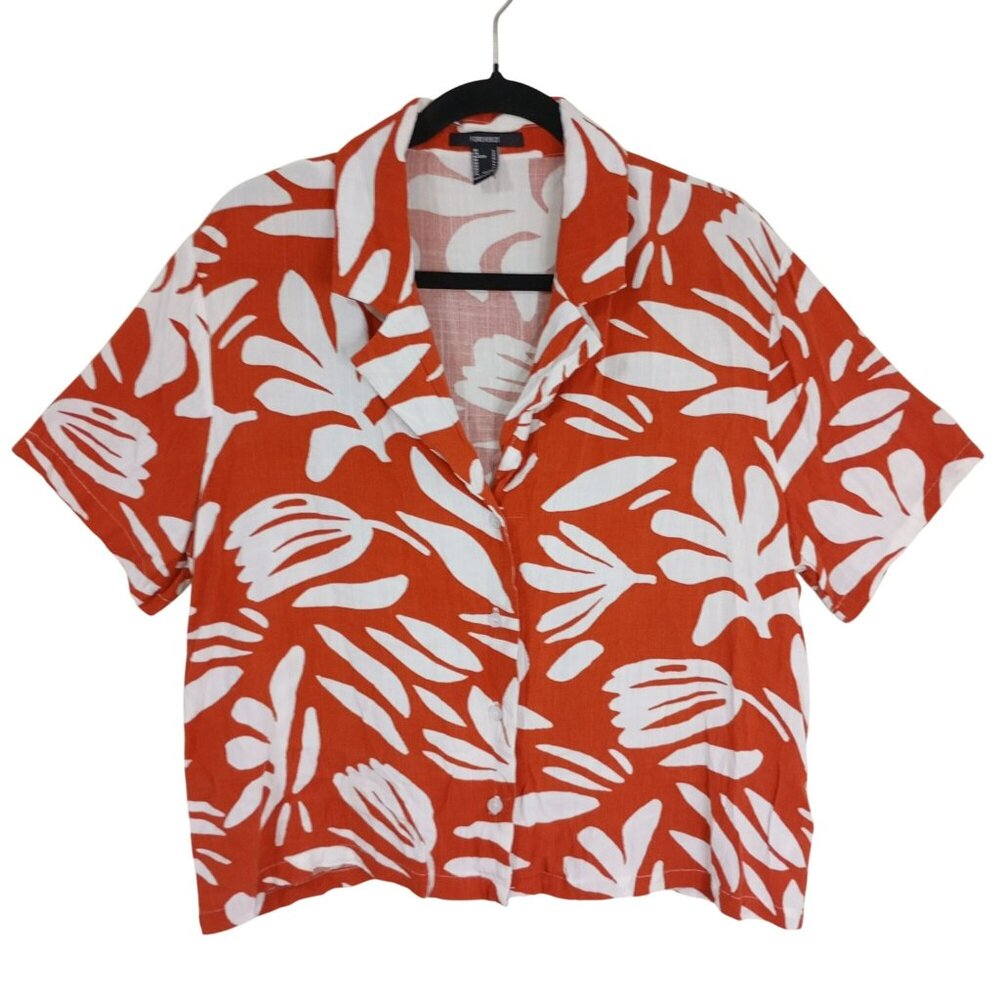Forever 21 Blouse Tropical Print Orange & White Button-Up Size L Womens